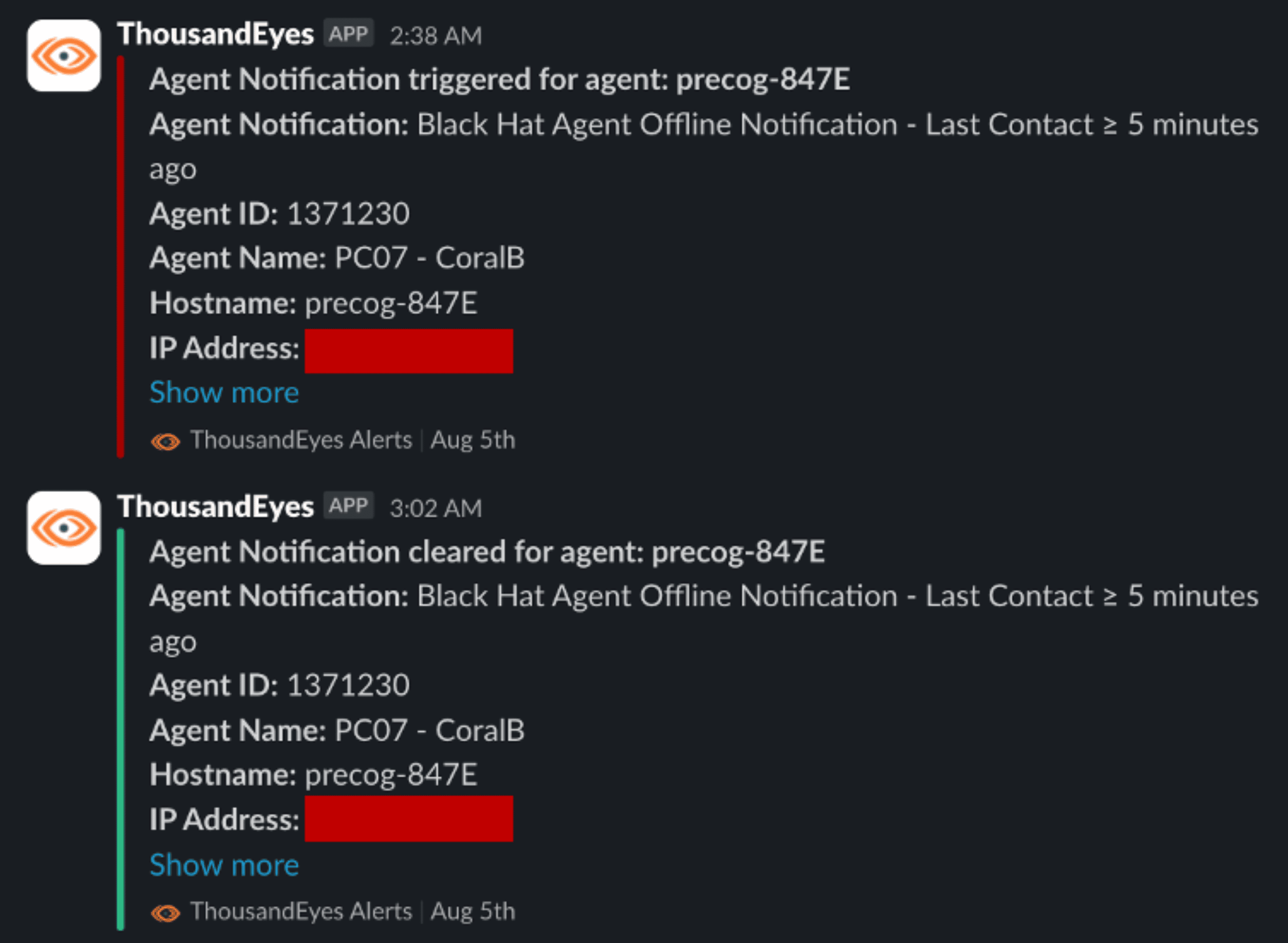 ThousandEyes alerts as received in Slack